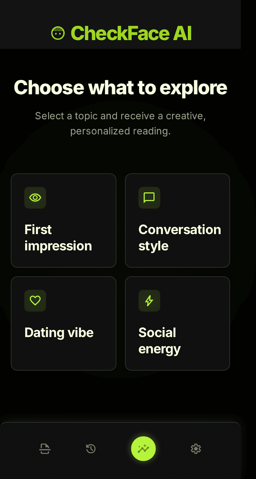 Face Checker AI reading topic selection screen