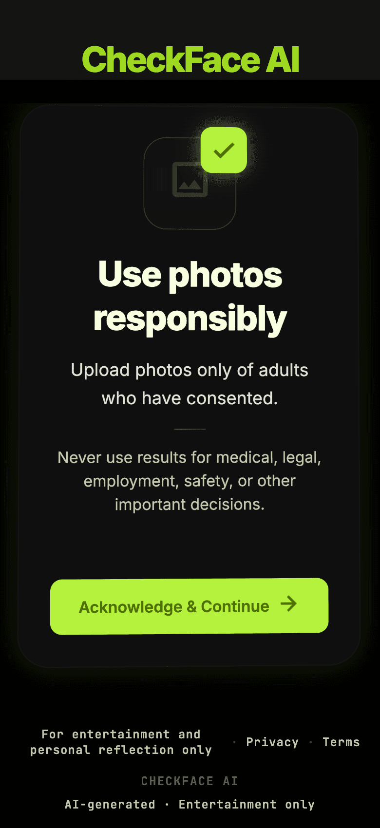 Face Checker AI responsible photo use notice