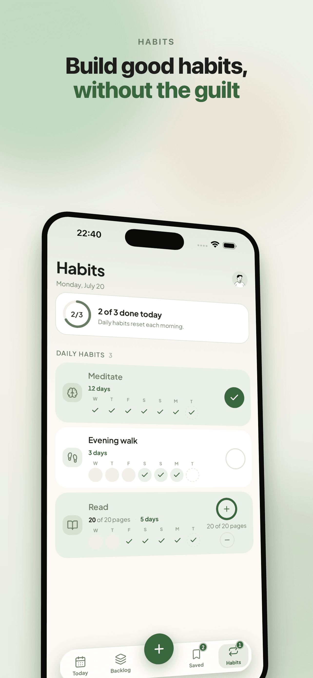 Taski habits screen with streaks and routines